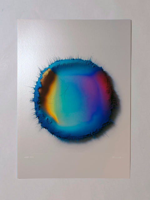 IMPACT 0014 by Kalle Hellzén, hand-signed one-of-one original. Archival pigment on Hahnemühle Photo Rag Metallic 340gsm, from macro studies of pigment, medium, chemistry, and physics under chromatic pressure.