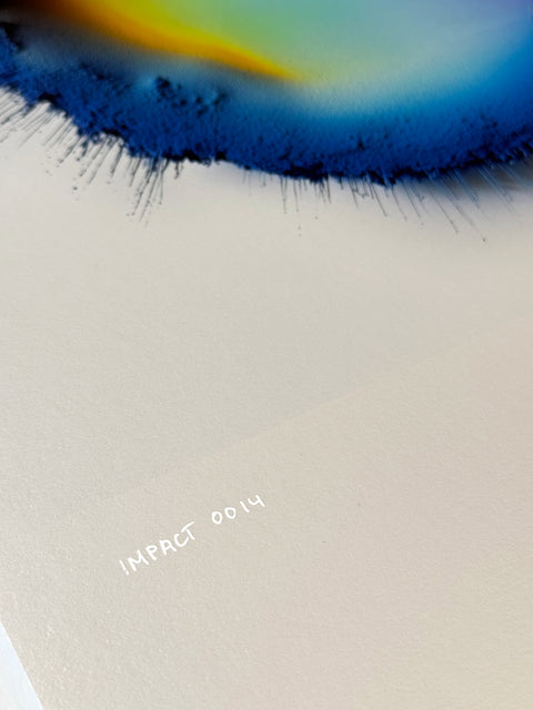 IMPACT 0014 by Kalle Hellzén, hand-signed one-of-one original. Archival pigment on Hahnemühle Photo Rag Metallic 340gsm, from macro studies of pigment, medium, chemistry, and physics under chromatic pressure. Additional perspective.