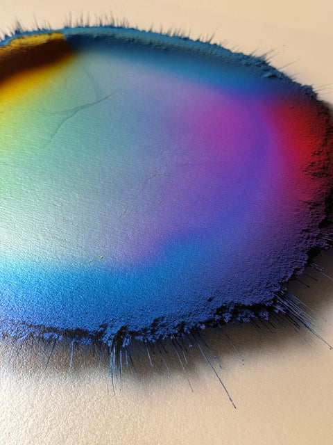 IMPACT 0014 by Kalle Hellzén, hand-signed one-of-one original. Archival pigment on Hahnemühle Photo Rag Metallic 340gsm, from macro studies of pigment, medium, chemistry, and physics under chromatic pressure. Documentation view.