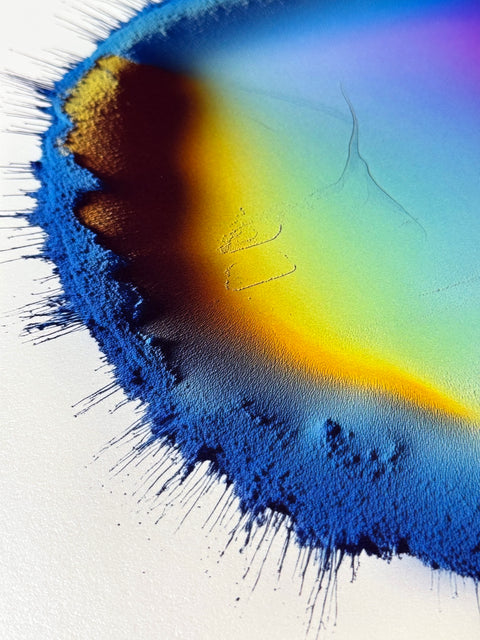 IMPACT 0014 by Kalle Hellzén, hand-signed one-of-one original. Archival pigment on Hahnemühle Photo Rag Metallic 340gsm, from macro studies of pigment, medium, chemistry, and physics under chromatic pressure. Additional view.