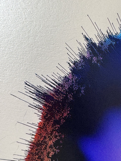 IMPACT 0015 by Kalle Hellzén, hand-signed one-of-one original. Archival pigment on Hahnemühle Photo Rag Metallic 340gsm, from macro studies of pigment, medium, chemistry, and physics under chromatic pressure. Additional view.