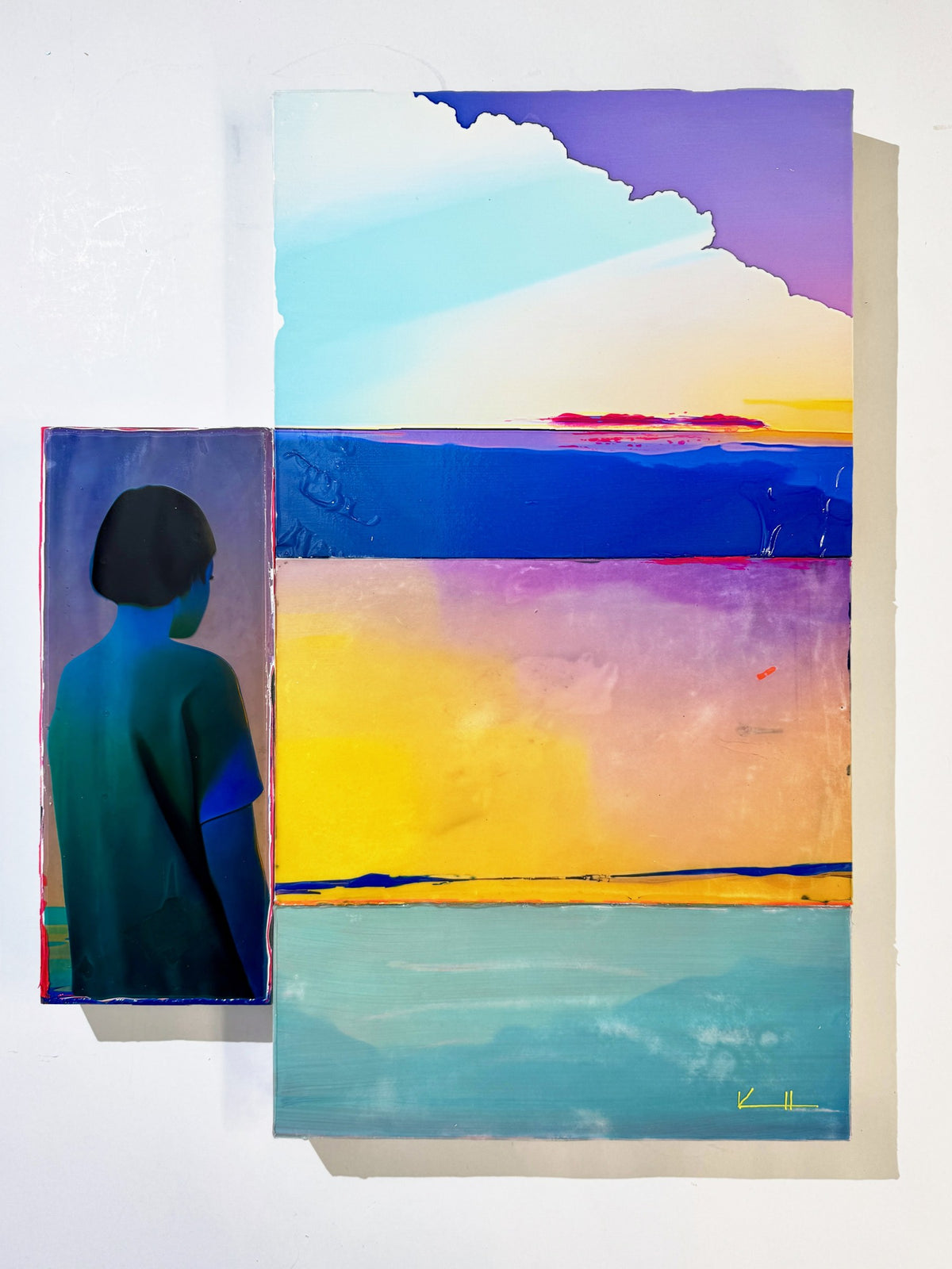 The Cyan Spills, 70 x 90 cm, pigment transfer, acrylic and varnish on cradled wooden boards