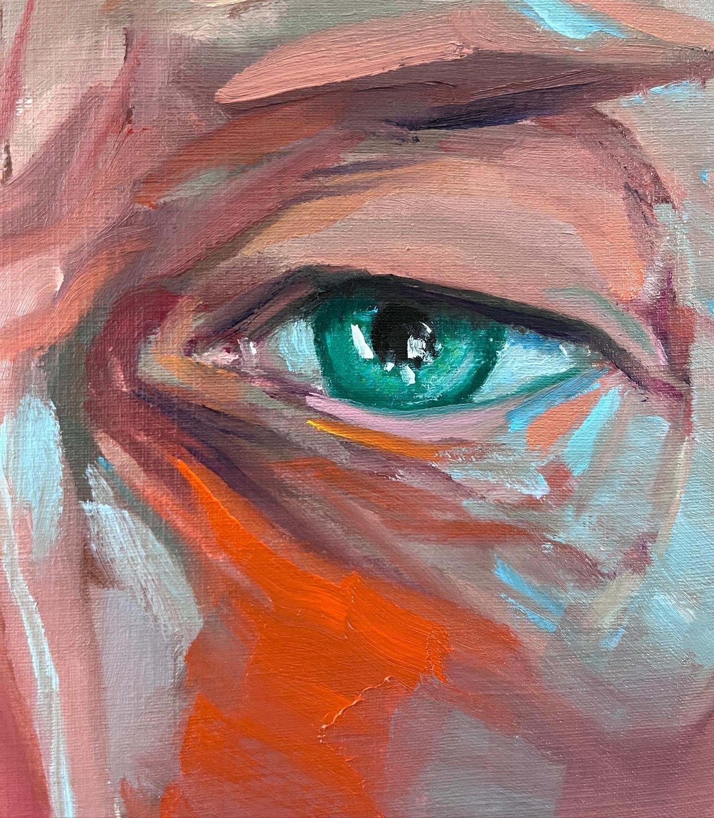 Close detail of a painted eye by Kalle Hellzén: teal iris, gestural pink, salmon and pale blue oil brushwork surrounding it, visible impasto texture.