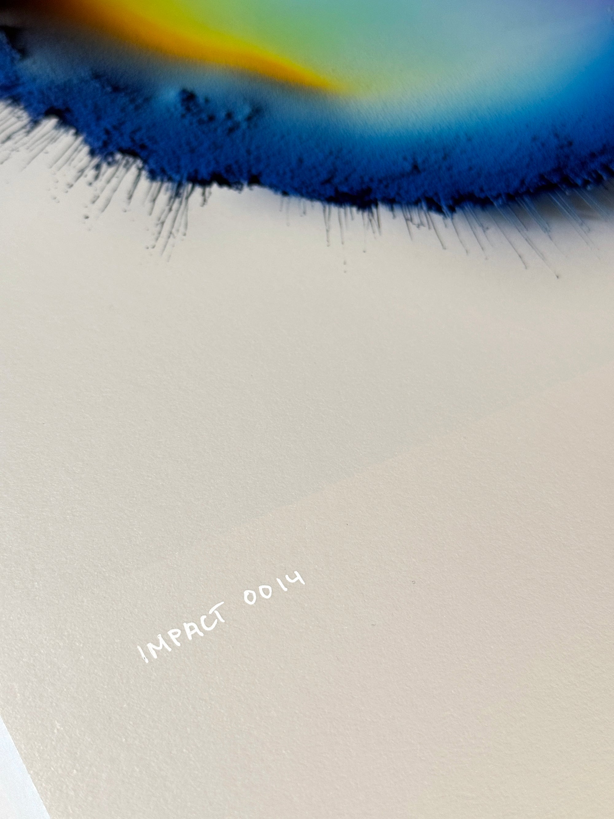IMPACT 0014 by Kalle Hellzén, hand-signed one-of-one original. Archival pigment on Hahnemühle Photo Rag Metallic 340gsm, from macro studies of pigment, medium, chemistry, and physics under chromatic pressure. Additional perspective.
