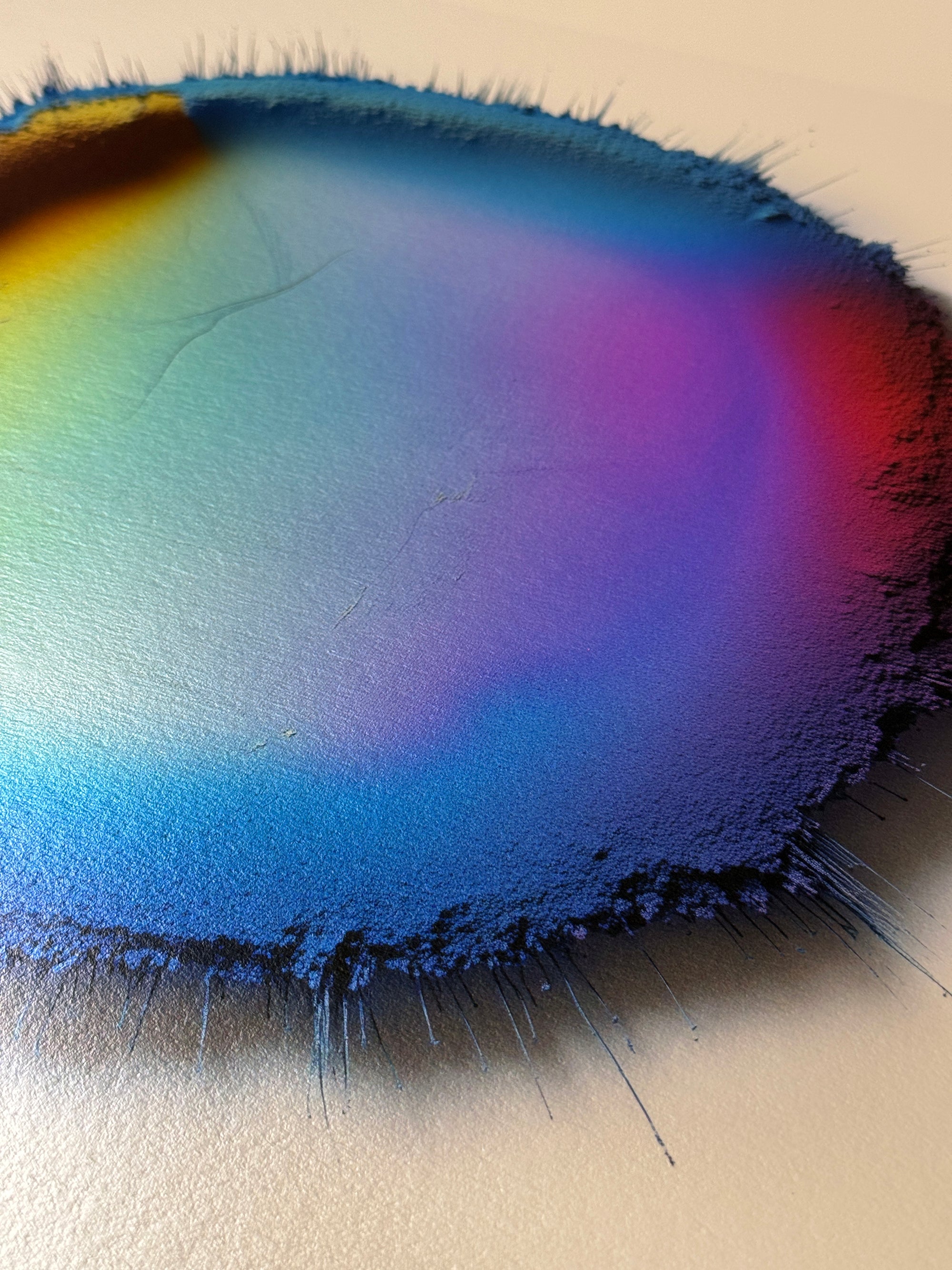 IMPACT 0014 by Kalle Hellzén, hand-signed one-of-one original. Archival pigment on Hahnemühle Photo Rag Metallic 340gsm, from macro studies of pigment, medium, chemistry, and physics under chromatic pressure. Documentation view.
