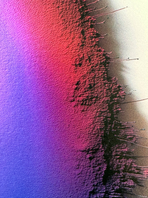 IMPACT 0014 by Kalle Hellzén, hand-signed one-of-one original. Archival pigment on Hahnemühle Photo Rag Metallic 340gsm, from macro studies of pigment, medium, chemistry, and physics under chromatic pressure. Supplementary view.