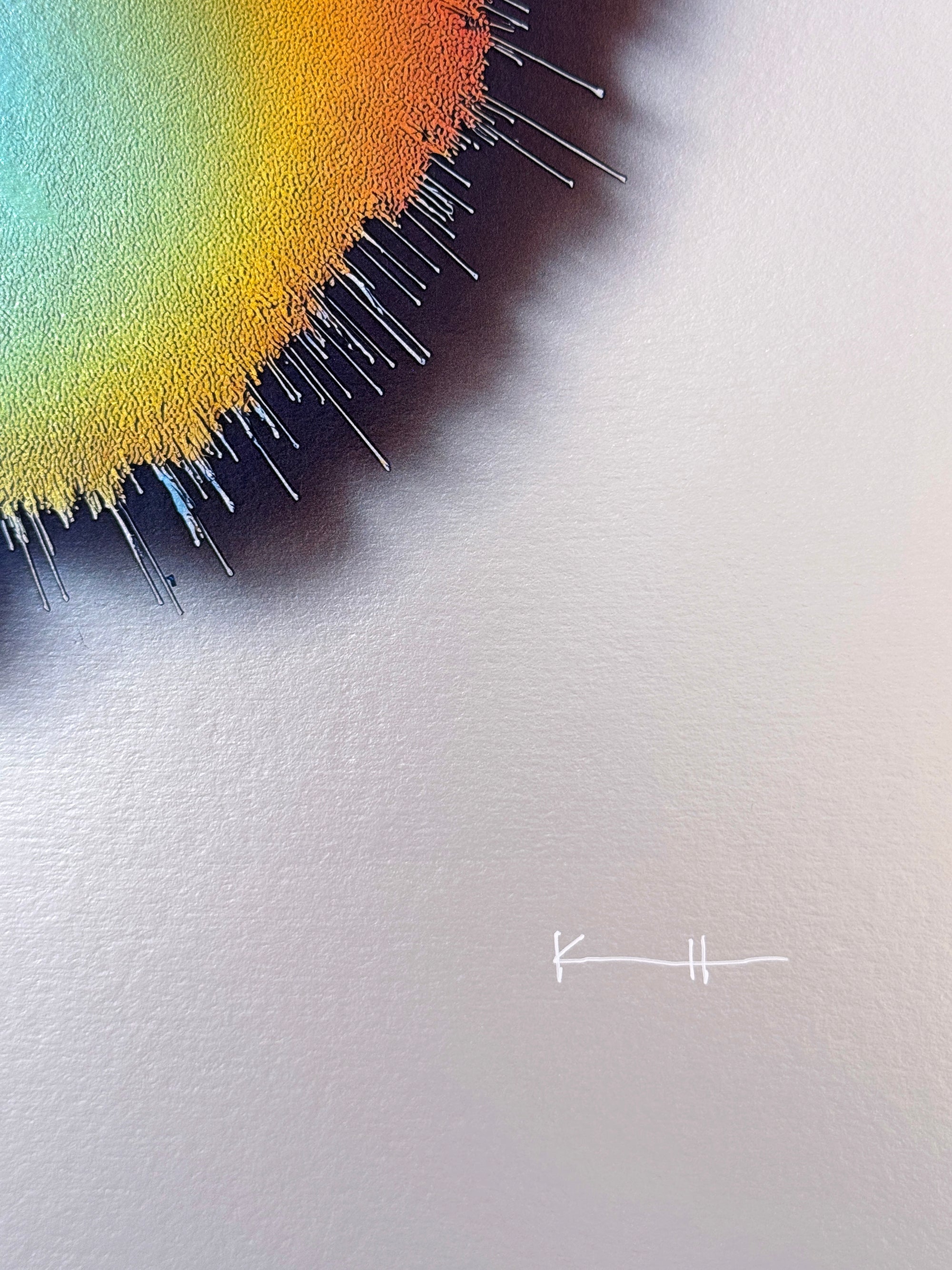 IMPACT 0015 by Kalle Hellzén, hand-signed one-of-one original. Archival pigment on Hahnemühle Photo Rag Metallic 340gsm, from macro studies of pigment, medium, chemistry, and physics under chromatic pressure. Additional perspective.