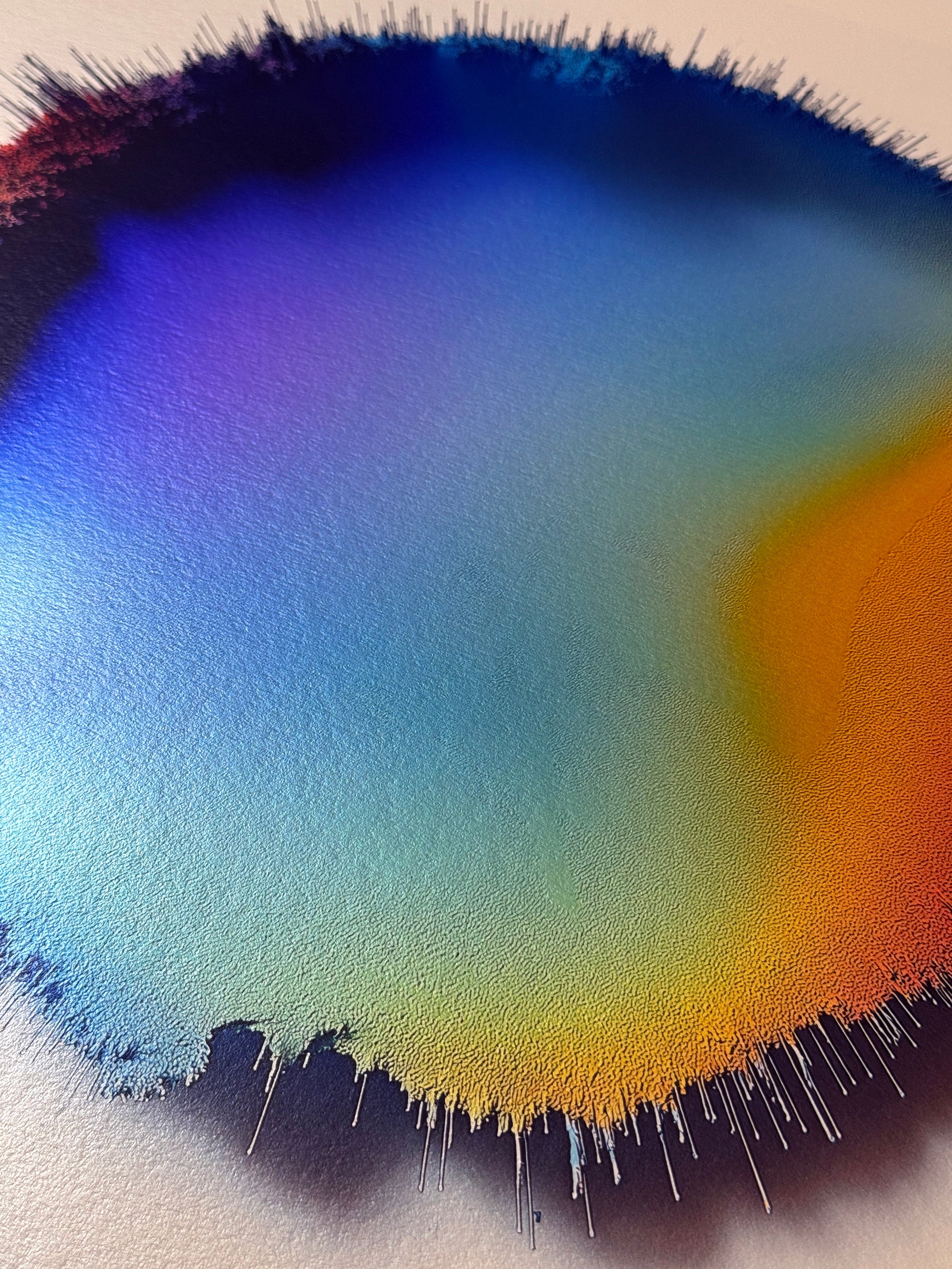 IMPACT 0015 by Kalle Hellzén, hand-signed one-of-one original. Archival pigment on Hahnemühle Photo Rag Metallic 340gsm, from macro studies of pigment, medium, chemistry, and physics under chromatic pressure. Further documentation view.