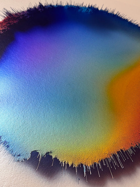 IMPACT 0015 by Kalle Hellzén, hand-signed one-of-one original. Archival pigment on Hahnemühle Photo Rag Metallic 340gsm, from macro studies of pigment, medium, chemistry, and physics under chromatic pressure. Further documentation view.