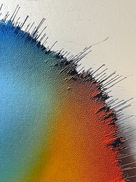 IMPACT 0015 by Kalle Hellzén, hand-signed one-of-one original. Archival pigment on Hahnemühle Photo Rag Metallic 340gsm, from macro studies of pigment, medium, chemistry, and physics under chromatic pressure. Supplementary view.