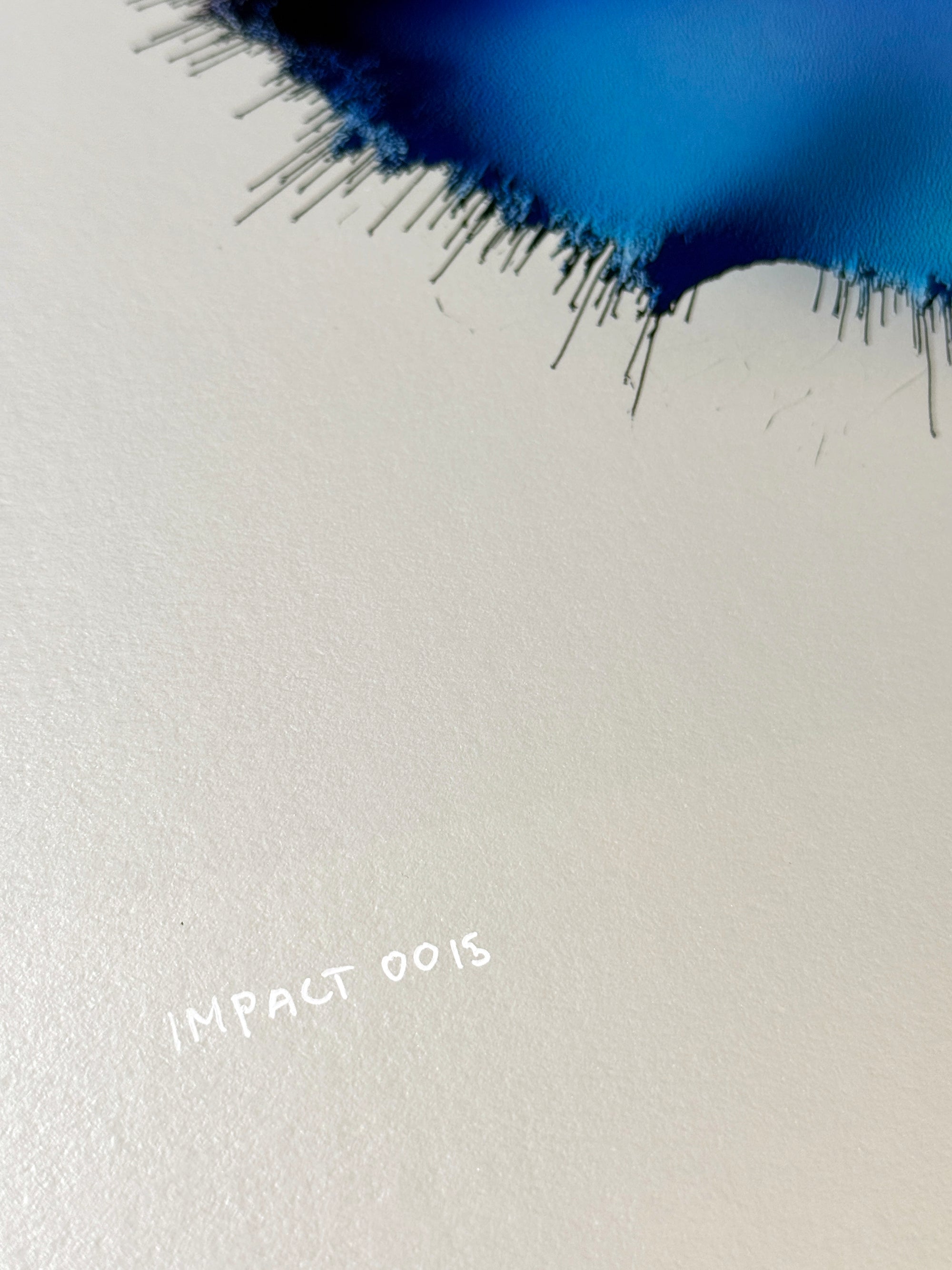IMPACT 0015 by Kalle Hellzén, hand-signed one-of-one original. Archival pigment on Hahnemühle Photo Rag Metallic 340gsm, from macro studies of pigment, medium, chemistry, and physics under chromatic pressure. Documentation view.