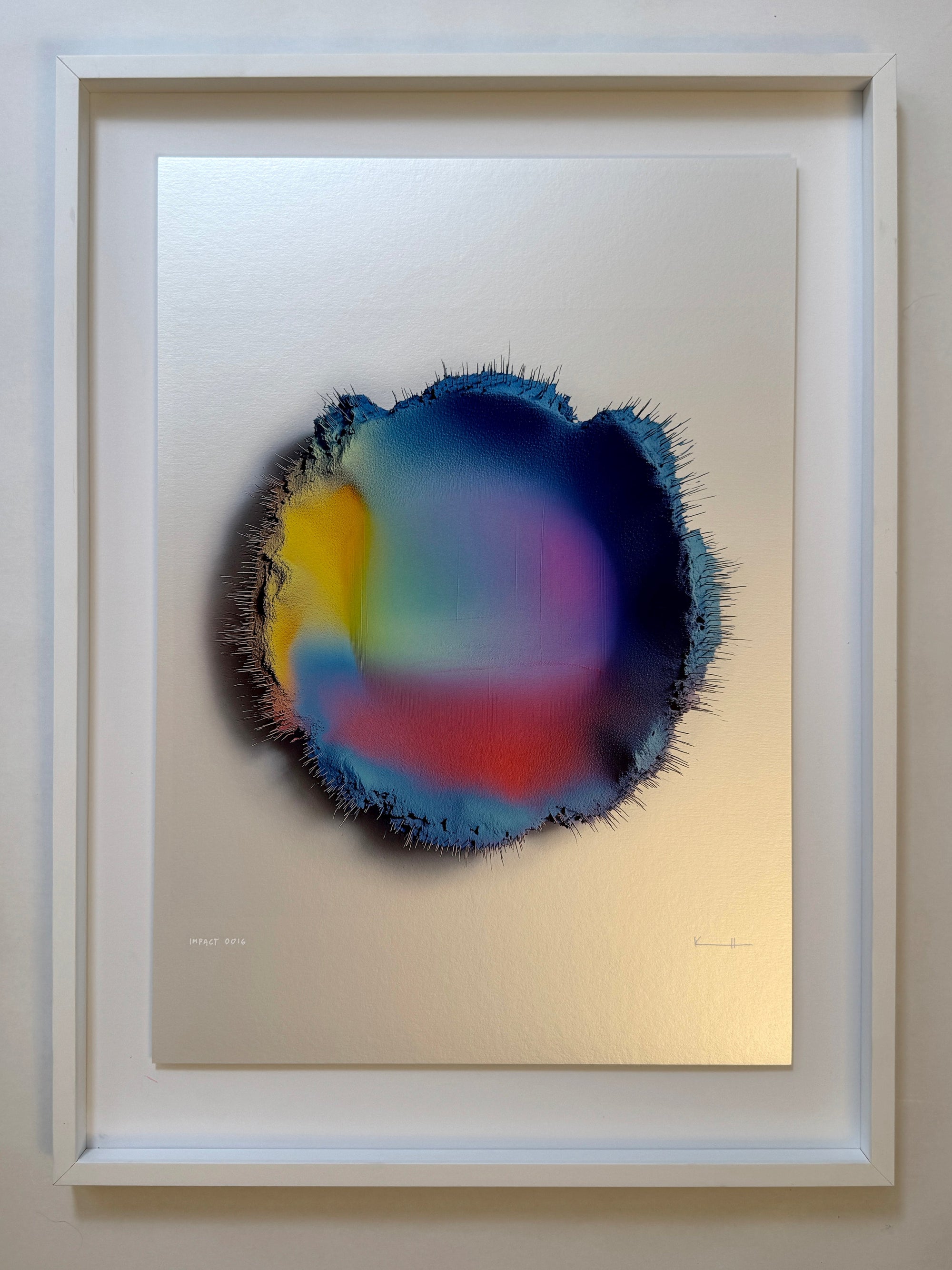 IMPACT 0016 by Kalle Hellzén, hand-signed one-of-one original presented in float mount with Artglass and a white frame. Archival pigment on Hahnemühle Photo Rag Metallic 340gsm.