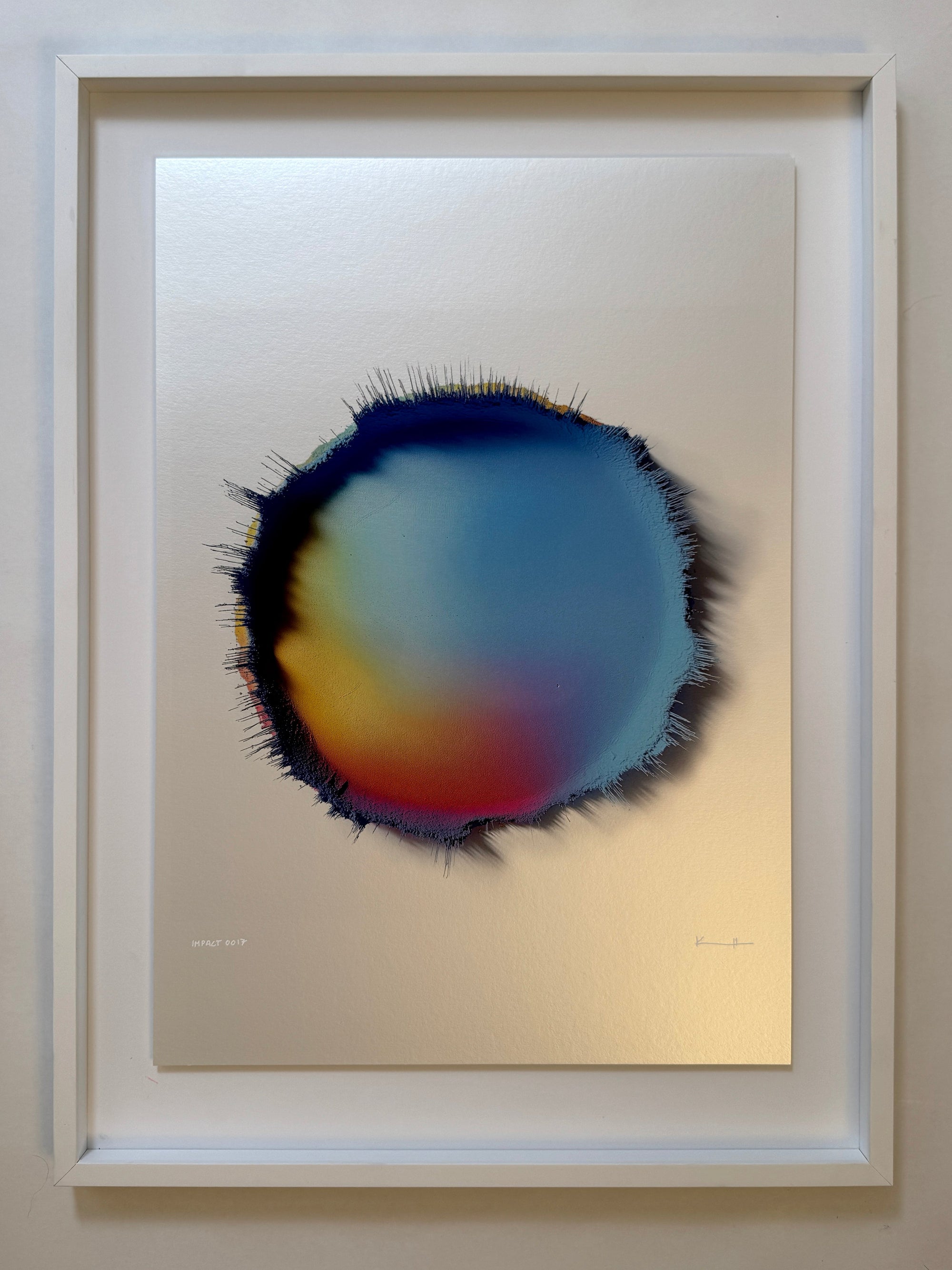 IMPACT 0017 by Kalle Hellzén, hand-signed one-of-one original presented in float mount with Artglass and a white frame. Archival pigment on Hahnemühle Photo Rag Metallic 340gsm.