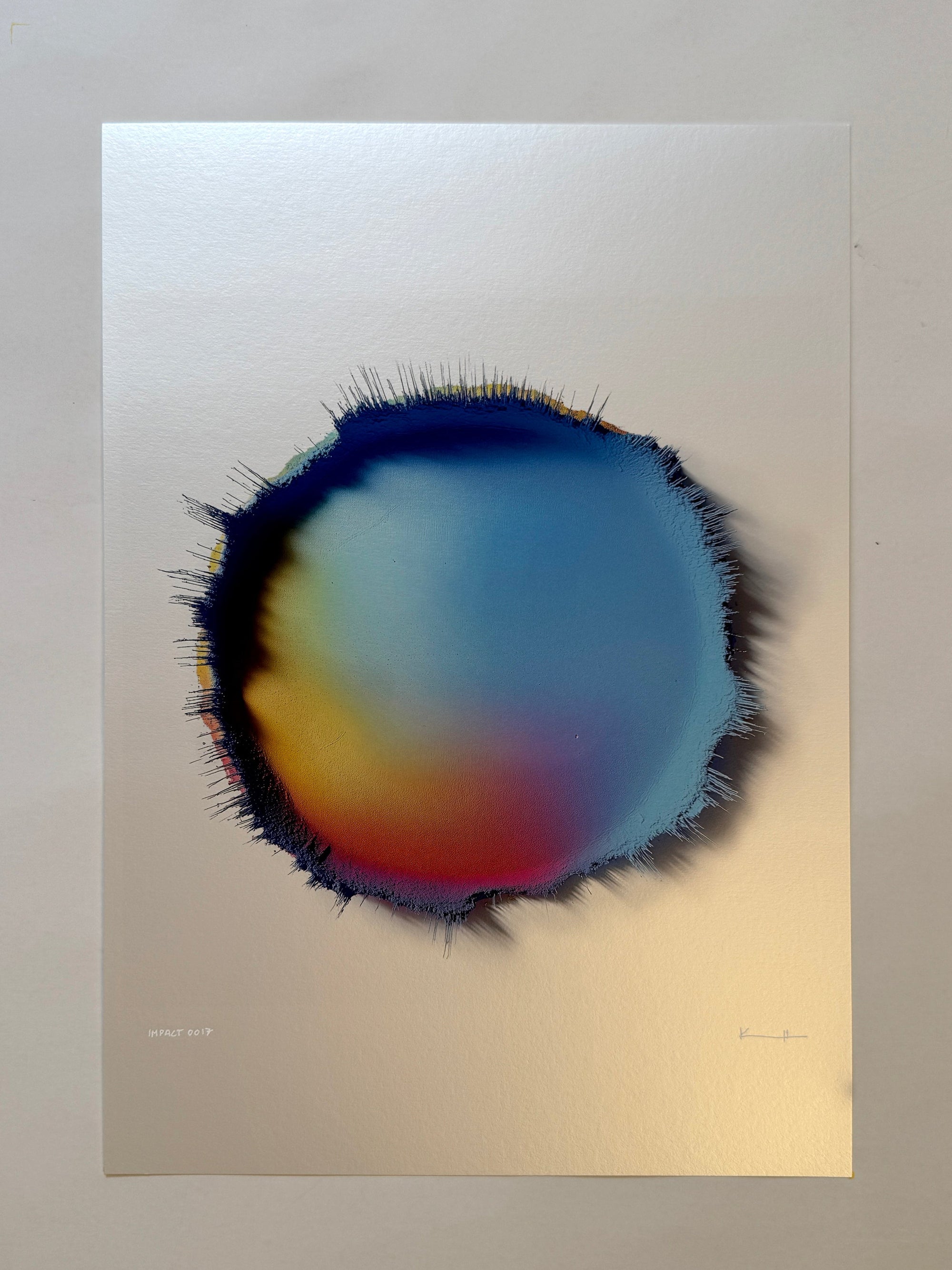 IMPACT 0017 by Kalle Hellzén, hand-signed one-of-one original. Archival pigment on Hahnemühle Photo Rag Metallic 340gsm, from macro studies of pigment, medium, chemistry, and physics under chromatic pressure.