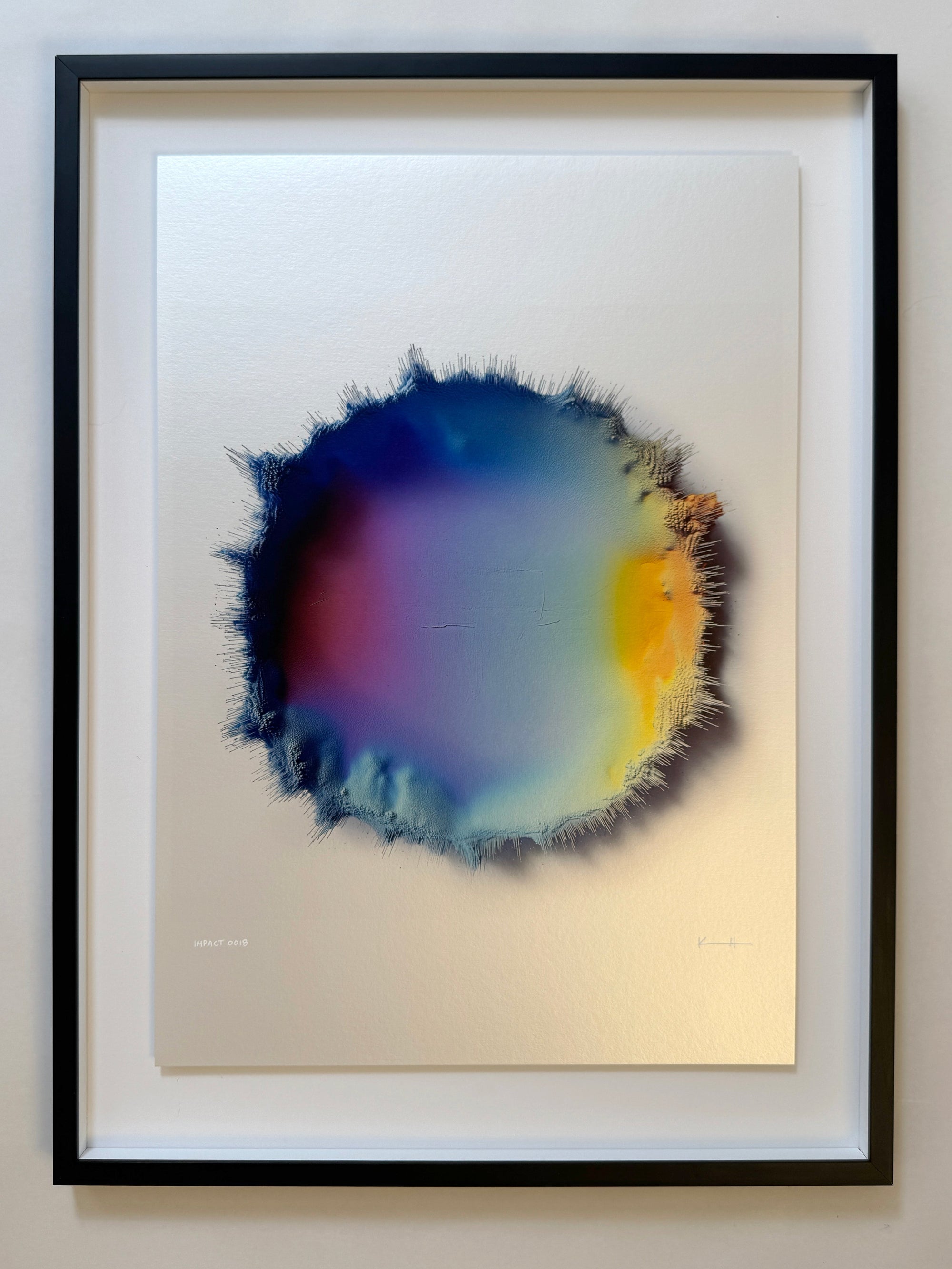 IMPACT 0018 by Kalle Hellzén, hand-signed one-of-one original presented in float mount with Artglass and a black frame. Archival pigment on Hahnemühle Photo Rag Metallic 340gsm.