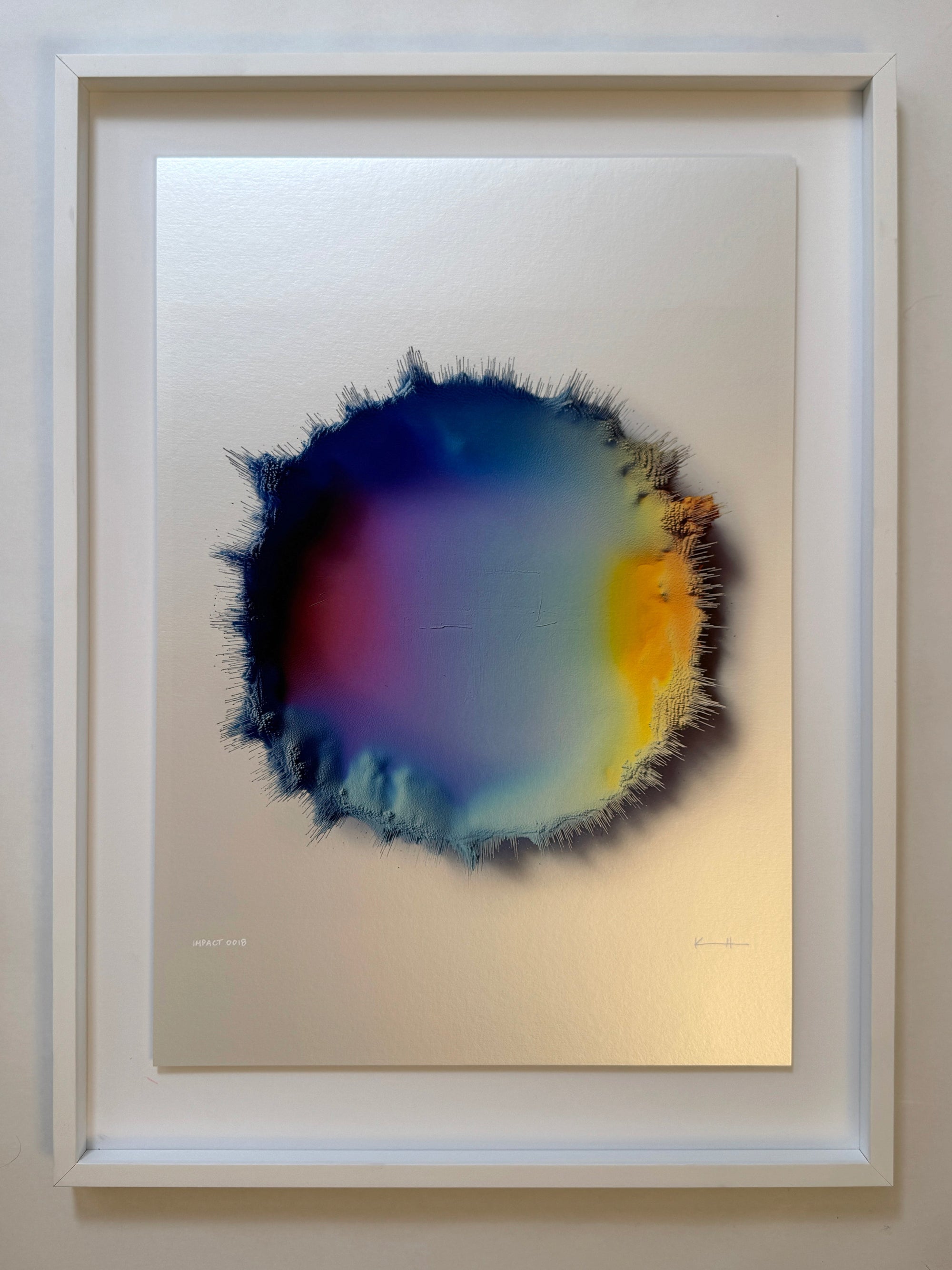 IMPACT 0018 by Kalle Hellzén, hand-signed one-of-one original presented in float mount with Artglass and a white frame. Archival pigment on Hahnemühle Photo Rag Metallic 340gsm.