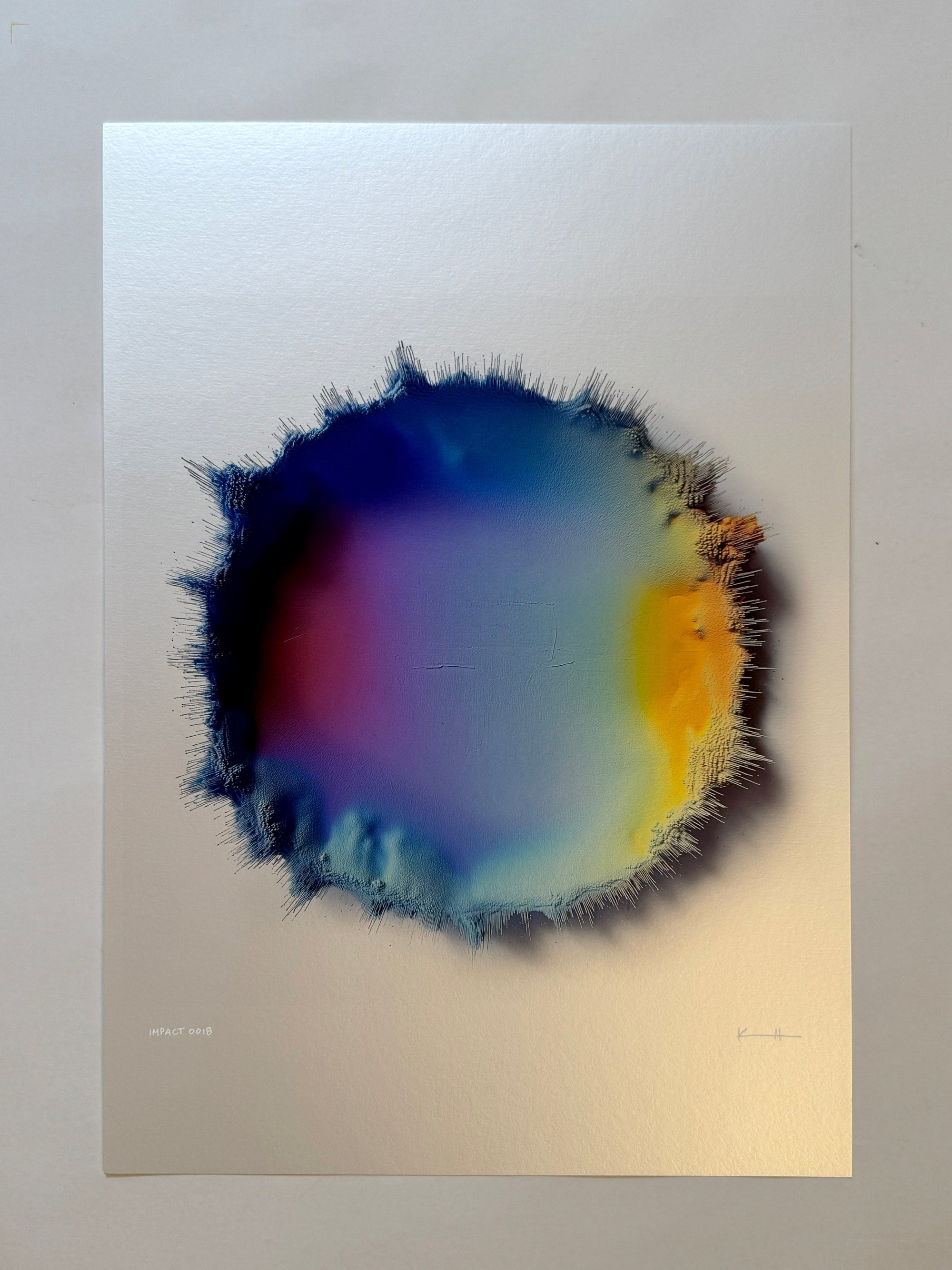 IMPACT 0018 by Kalle Hellzén, hand-signed one-of-one original. Archival pigment on Hahnemühle Photo Rag Metallic 340gsm, from macro studies of pigment, medium, chemistry, and physics under chromatic pressure.