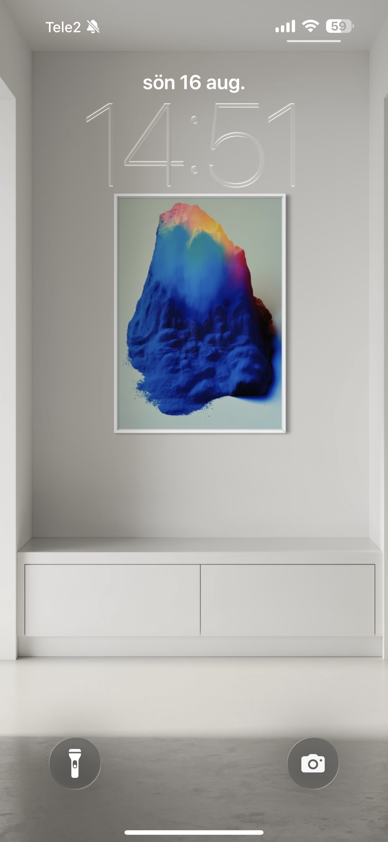 Phone lock screen showing Flattery by Kalle Hellzen at the end of a hallway as wallpaper.