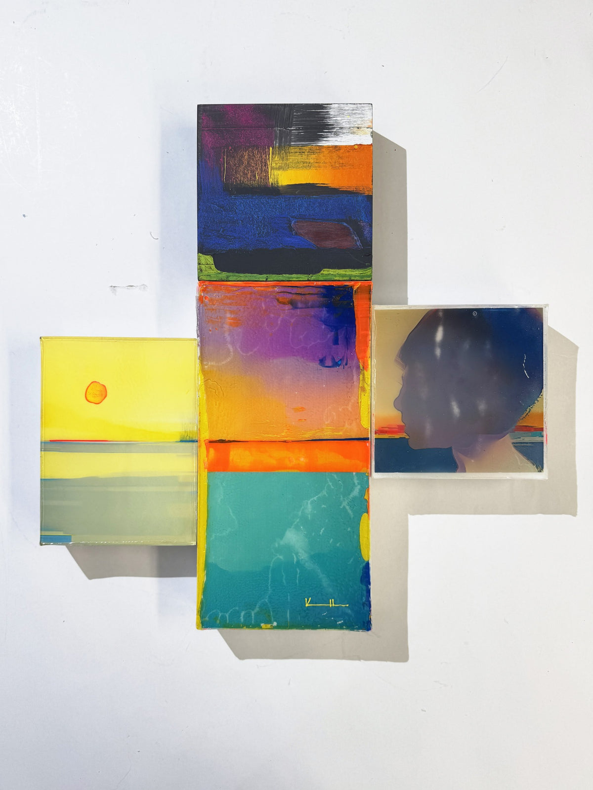 Through Peach to Gold, 58 x 60 cm, pigment transfer, acrylic and varnish on cradled wooden boards