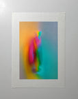 What Comes Back by Atelier Kalle Hellzén, hand-signed and numbered Limited Edition of 5. A standing figure dissolving into a field of magenta, orange and teal, the colour reading as pressure across the form rather than as drawn outline. Giclée on handmade kozo washi with a deckle edge.