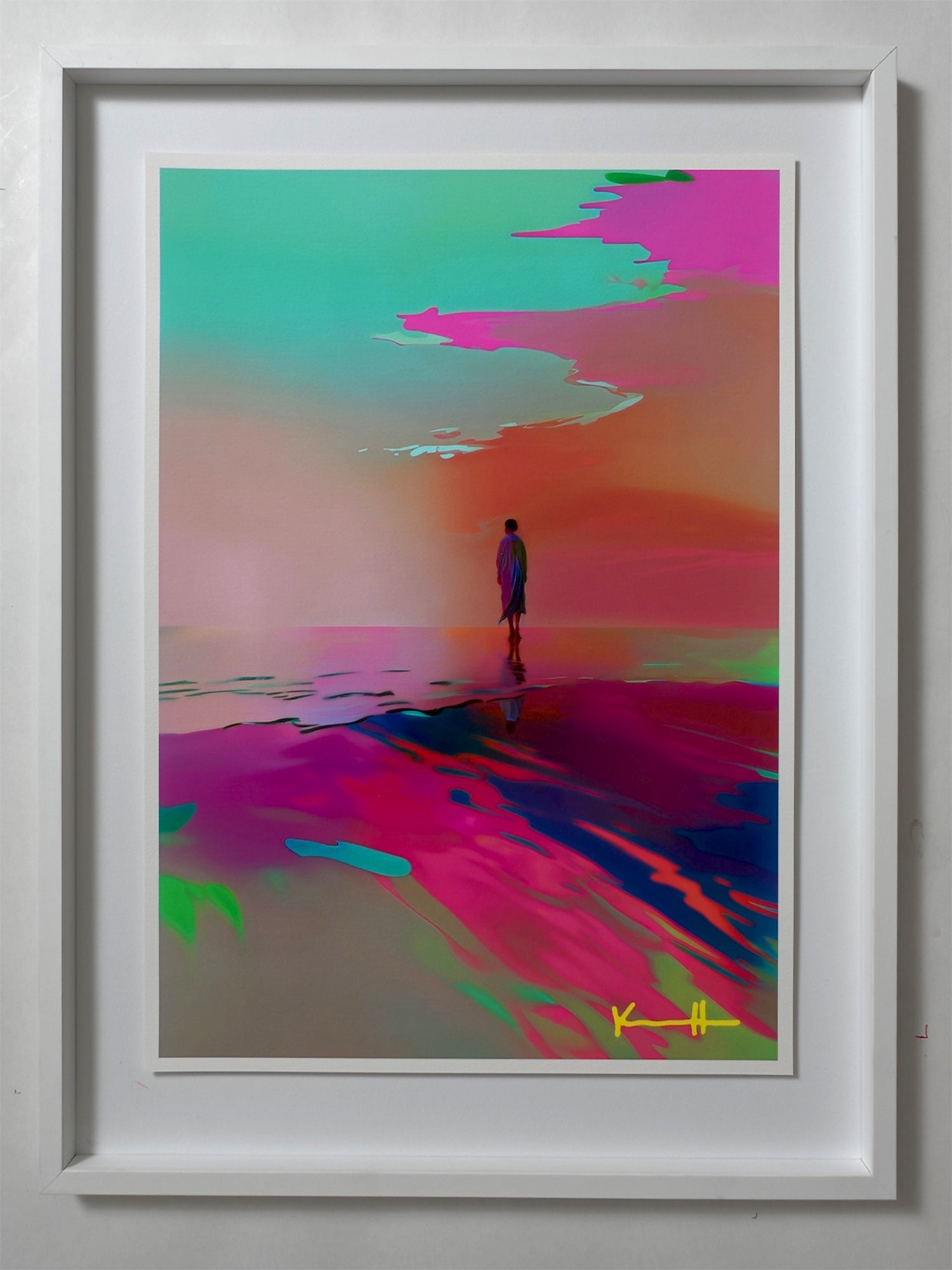 Golden Hour by Atelier Kalle Hellzén, A2 open-edition print float-mounted behind museum glass in a white frame.