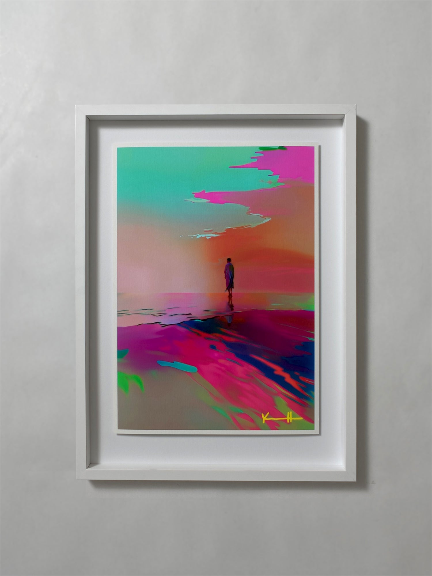 Golden Hour by Atelier Kalle Hellzén, A3 open-edition print float-mounted behind museum glass in a white frame.